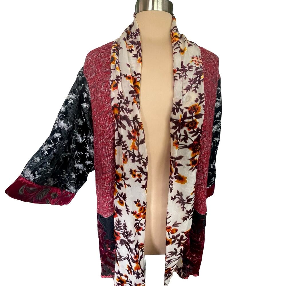 John Mark Multimedia Burgundy Floral Velvet Burnout Lace Knit Kimono Wrap Size L